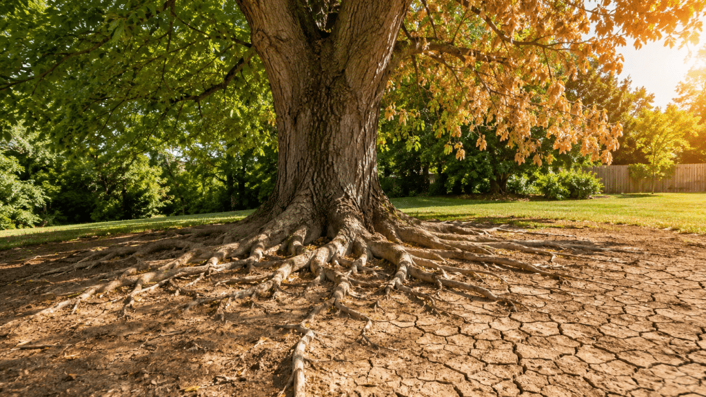 Oak tree with exposed roots surrounded by dry, cracked soil in summer sunlight