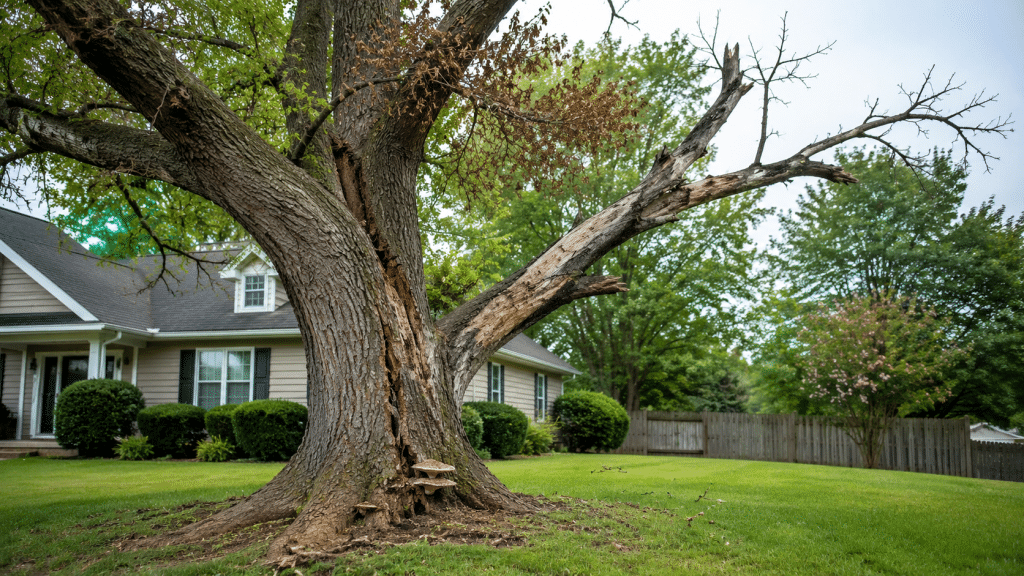 Large mature tree in a residential front yard being checked for common tree problems