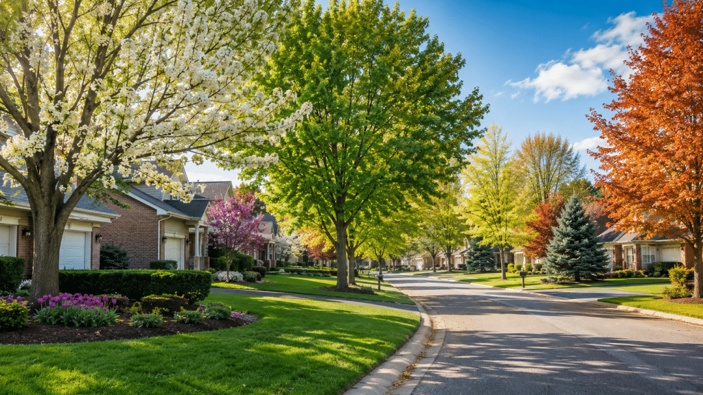 Residential street with healthy trees demonstrating seasonal tree care in Troy, MI