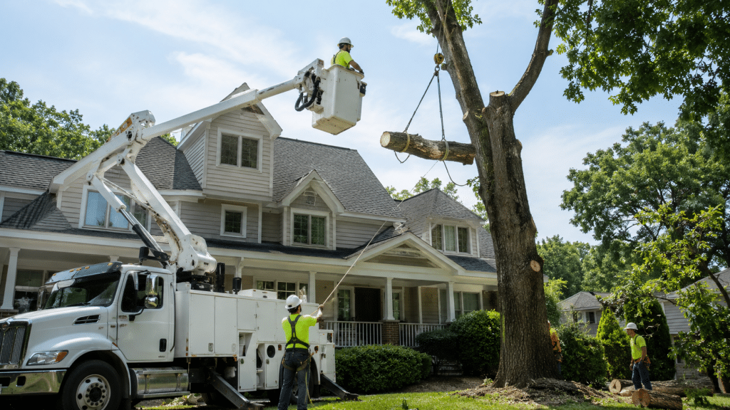 Arborist crew using a bucket truck and specialized equipment for tree removal near homes