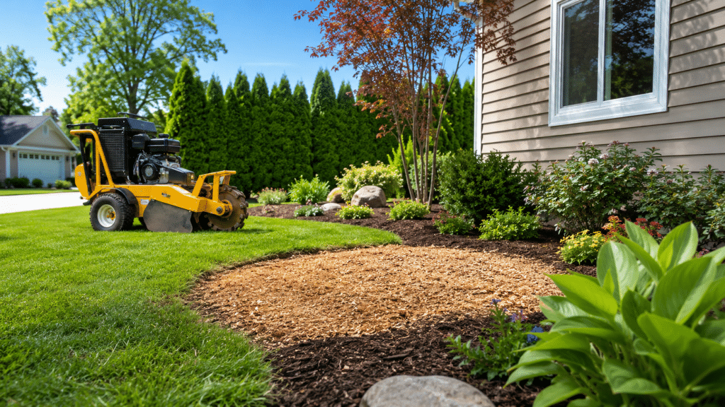 Yellow stump grinding machine positioned next to a tree stump near a residential house