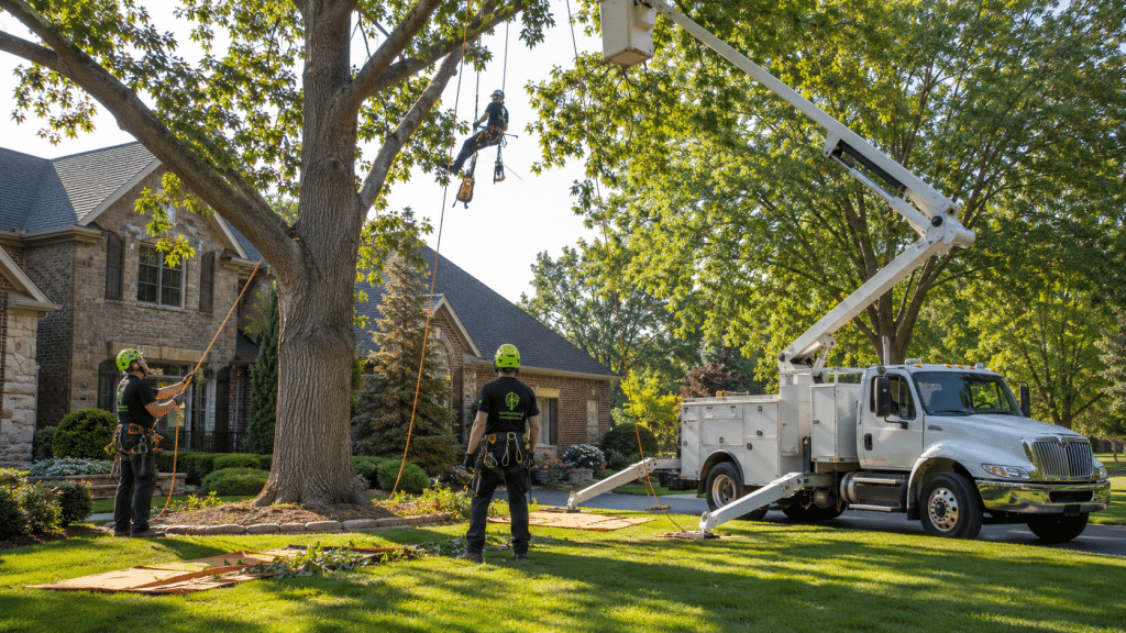 Tree service bucket truck set up in front of a residential house for fully insured tree service