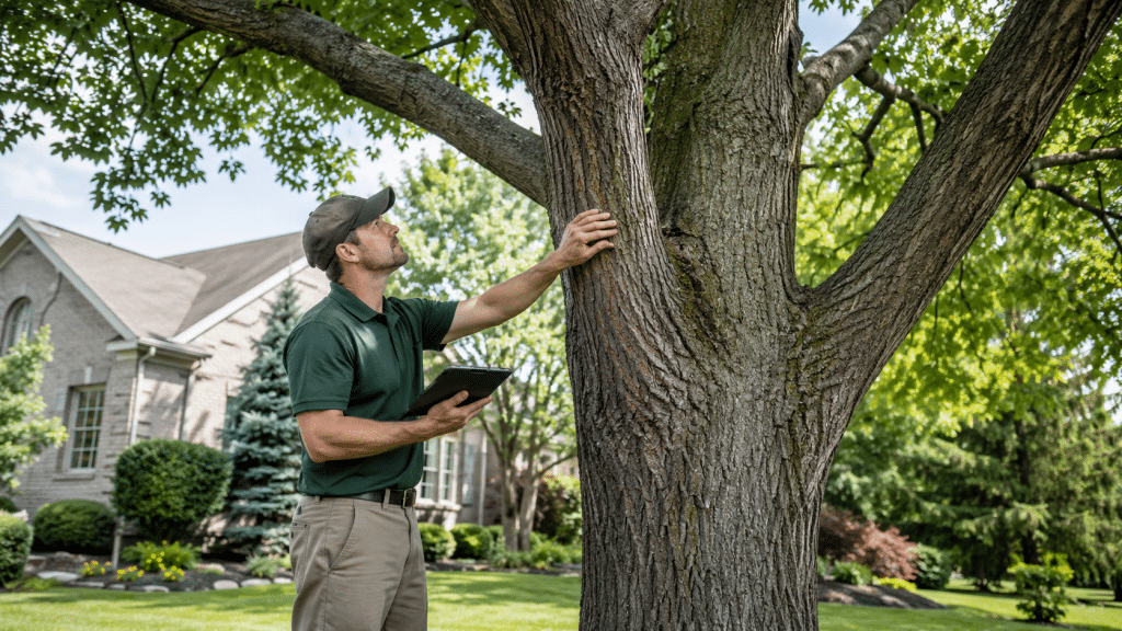 Arborist with a tablet inspecting the trunk of a large tree during a health checkup.
