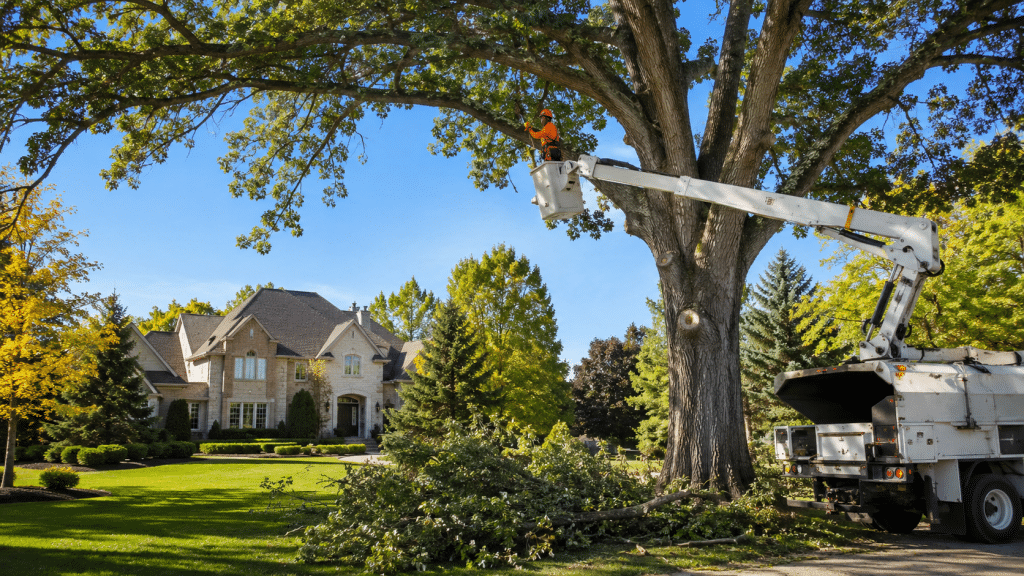 Tree service worker in a bucket truck performing tree trimming in Rochester Hills near a residential home