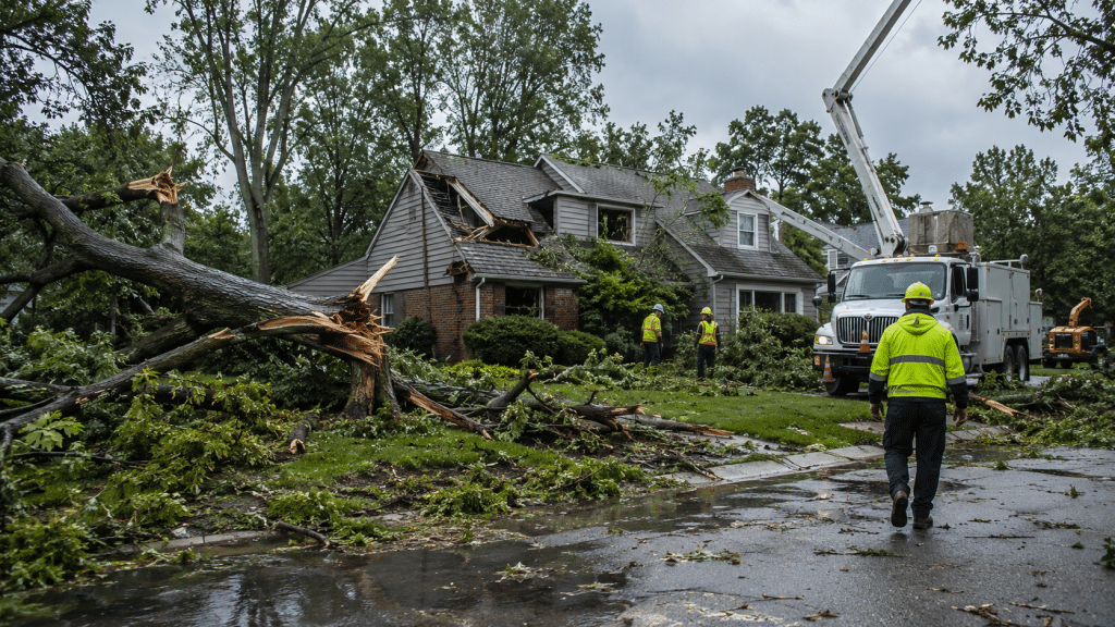 Large fallen tree resting on the roof of a suburban house requiring emergency tree removal