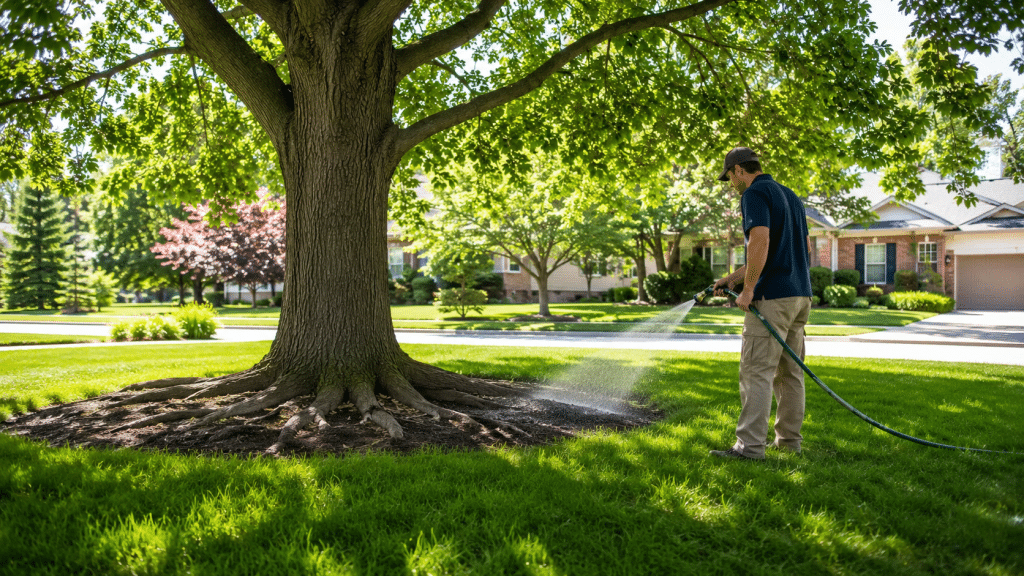 Homeowner spraying water with a hose on a lawn while overwatering your mature tree