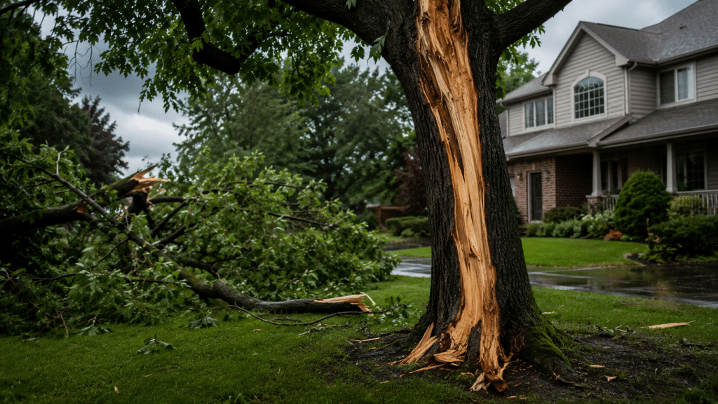 Large mature tree struck by lightning with visible trunk damage near a residential home
