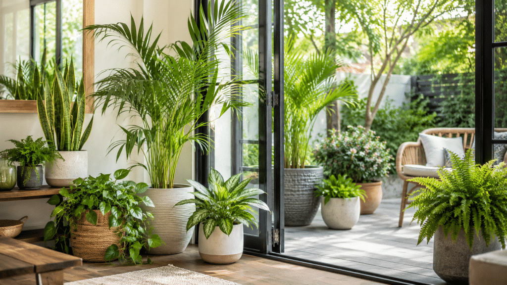 Sunlit sunroom filled with dual indoor and outdoor plants in decorative pots