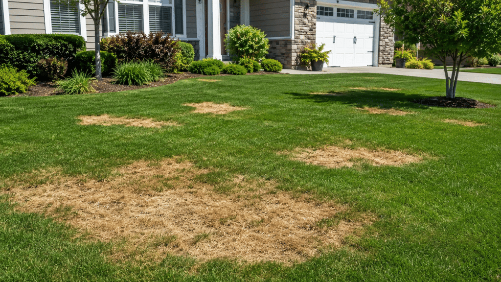 Dry patchy grass showing brown spots on lawns near large trees in a suburban yard