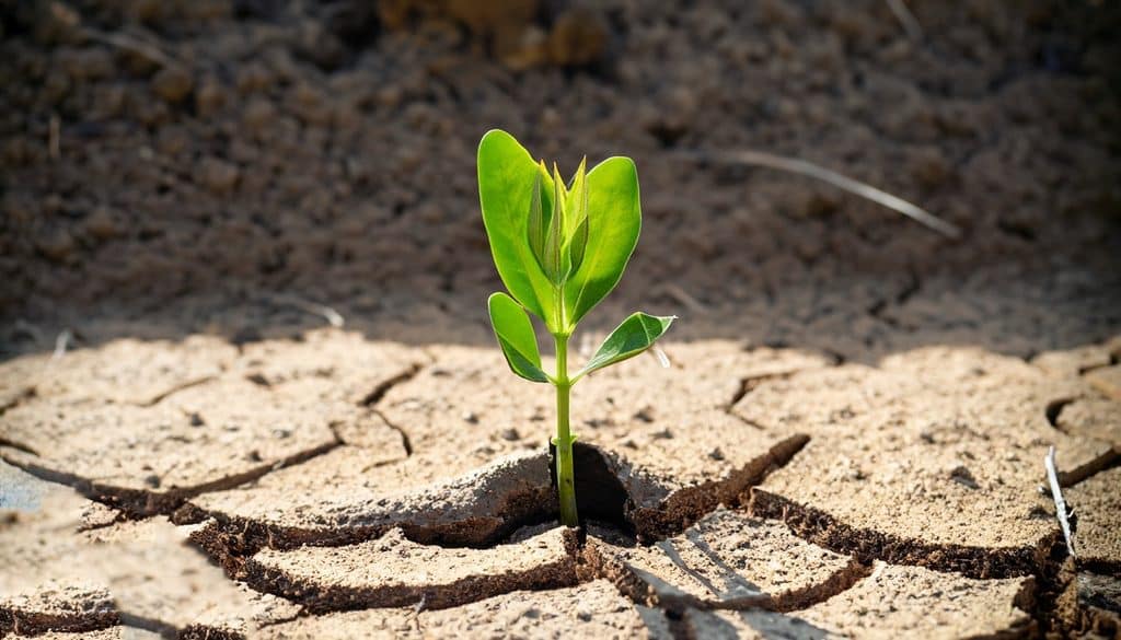 A small green seedling growing out of cracked, dry, sun-baked soil.